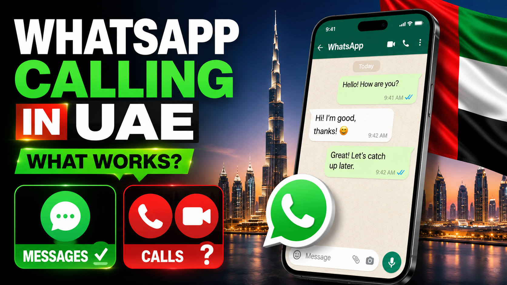 WhatsApp Calling in UAE showing smartphone, UAE flag, Dubai skyline, voice call and video call icons