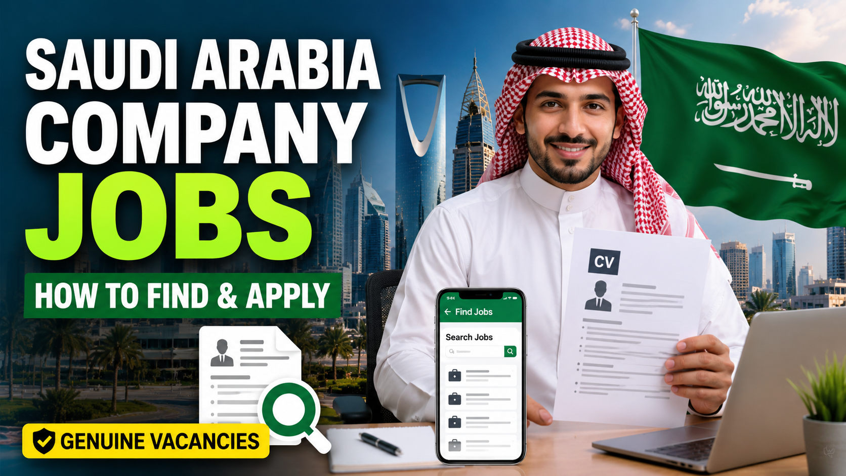 Saudi Arabia company jobs with professional applicant, Saudi flag, Riyadh business skyline and CV application concept